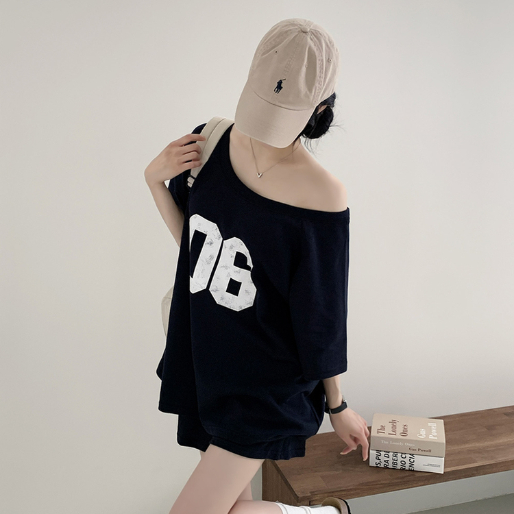 【SET】アンバランス半袖Tシャツ ショートパンツ NAVY