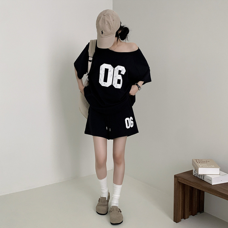 【SET】アンバランス半袖Tシャツ ショートパンツ NAVY