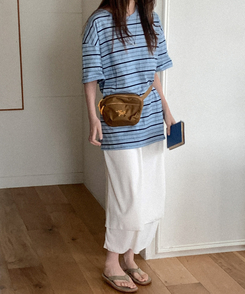 半袖Tシャツ コットンストライプ半袖シャツ SKY BLUE