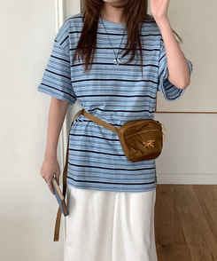半袖Tシャツ コットンストライプ半袖シャツ SKY BLUE