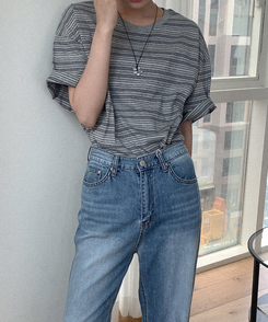 半袖Tシャツ コットンストライプ半袖シャツ MELANGE