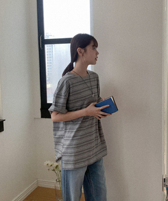 半袖Tシャツ コットンストライプ半袖シャツ MELANGE