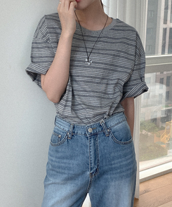 半袖Tシャツ コットンストライプ半袖シャツ MELANGE