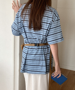 半袖Tシャツ コットンストライプ半袖シャツ SKY BLUE