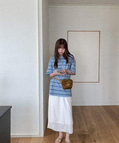 半袖Tシャツ コットンストライプ半袖シャツ SKY BLUE