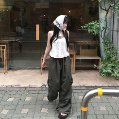 ワイド ツーピンタックストリングワイドカーゴパンツ KHAKI