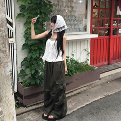 ワイド ツーピンタックストリングワイドカーゴパンツ KHAKI