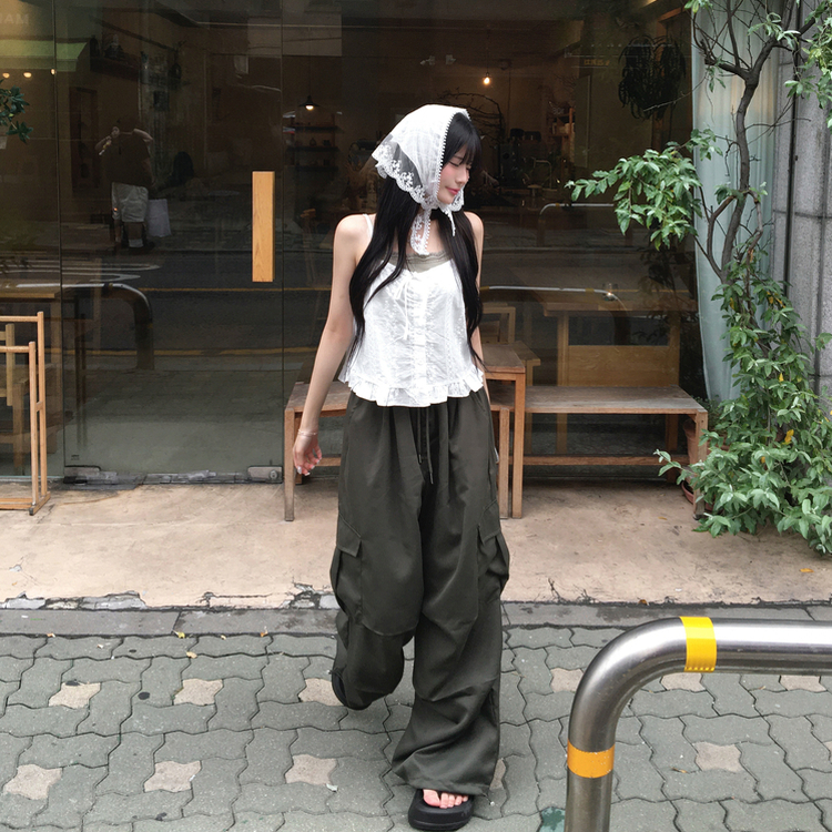 ツーピンタックストリングワイドカーゴパンツ KHAKI