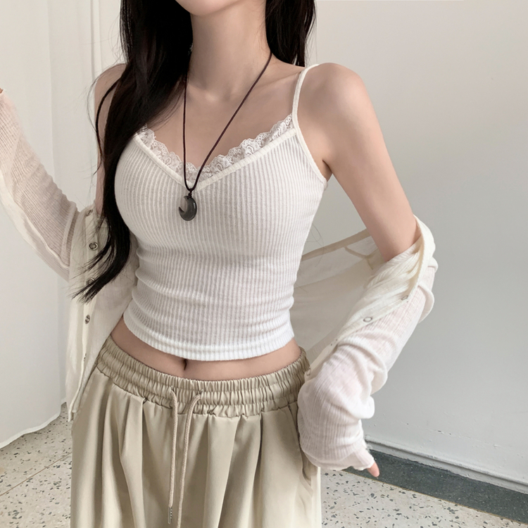 베토 레이스 골지 레이어드 브이넥 끈 나시 아이보리