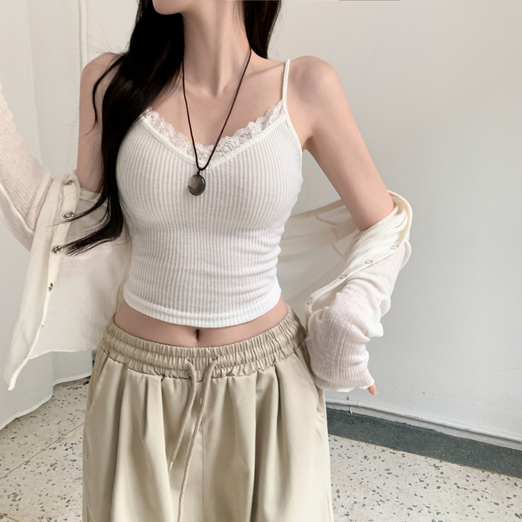 베토 레이스 골지 레이어드 브이넥 끈 나시 아이보리