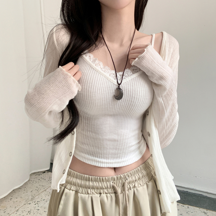 베토 레이스 골지 레이어드 브이넥 끈 나시 아이보리