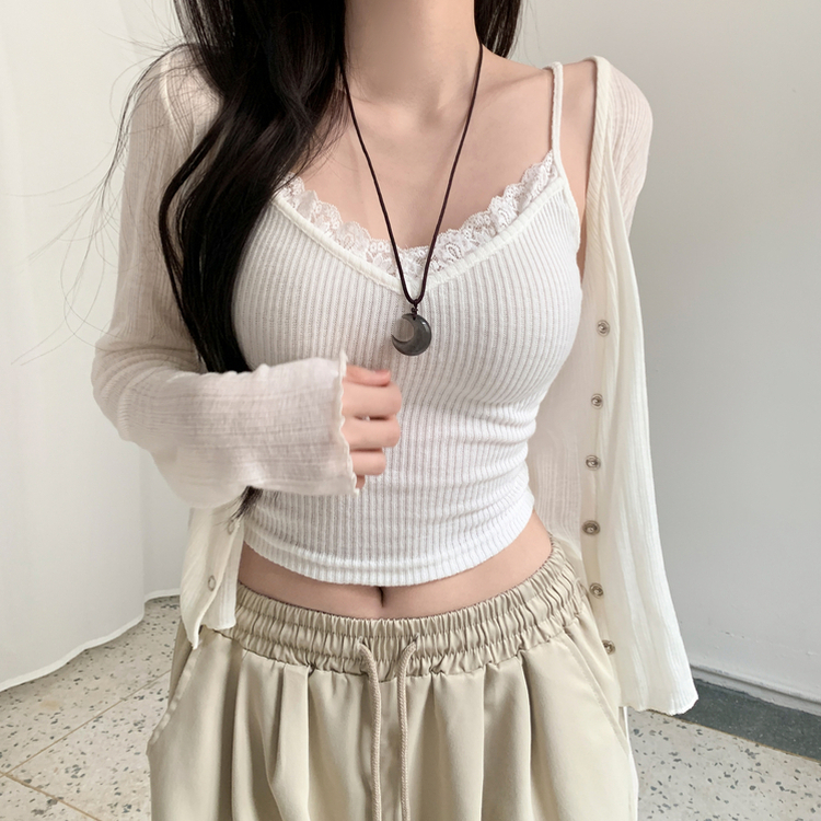 베토 레이스 골지 레이어드 브이넥 끈 나시 아이보리