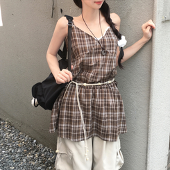 ノースリーブ チェックストラップビスチェ BROWN