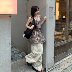 ノースリーブ チェックストラップビスチェ BROWN