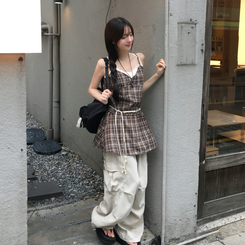 ノースリーブ チェックストラップビスチェ BROWN