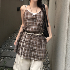 ノースリーブ チェックストラップビスチェ BROWN