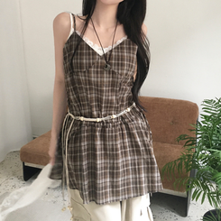 ノースリーブ チェックストラップビスチェ BROWN
