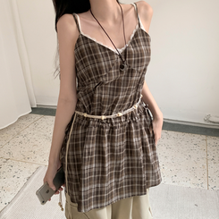 ノースリーブ チェックストラップビスチェ BROWN