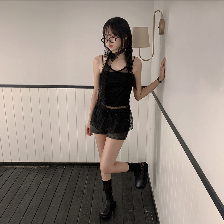 【マフラー付き】ドットホルターシースルーキャミソール BLACK