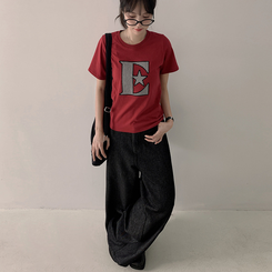 半袖Tシャツ ルーズチェックワッペン半袖Tシャツ RED