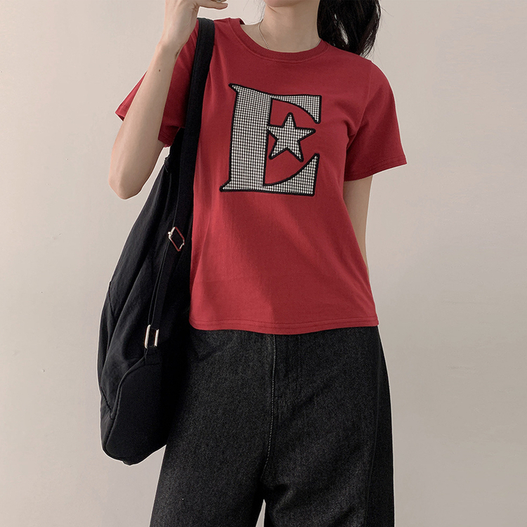 ルーズチェックワッペン半袖Tシャツ RED