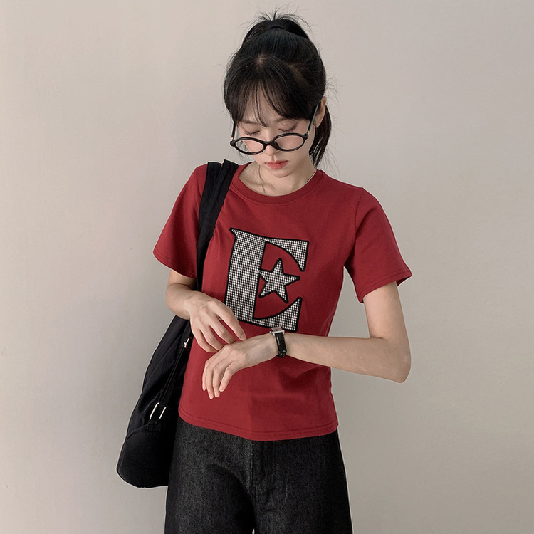 ルーズチェックワッペン半袖Tシャツ RED
