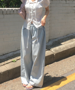 デニム 【丈別】ピンタックスリットワイドデニムパンツ LIGHT DENIM