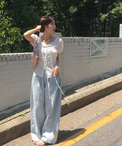 デニム 【丈別】ピンタックスリットワイドデニムパンツ LIGHT DENIM