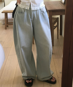 デニム 【丈別】ピンタックスリットワイドデニムパンツ LIGHT DENIM