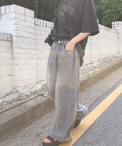 デニム 【丈別】ピンタックスリットワイドデニムパンツ VINTAGE BLUE