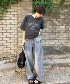 デニム 【丈別】ピンタックスリットワイドデニムパンツ VINTAGE BLUE