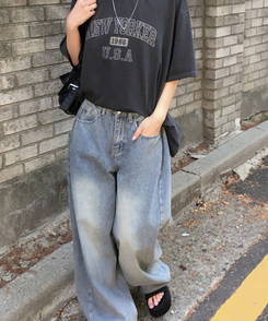 デニム 【丈別】ピンタックスリットワイドデニムパンツ VINTAGE BLUE