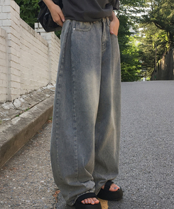 デニム 【丈別】ピンタックスリットワイドデニムパンツ VINTAGE BLUE