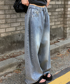 デニム 【丈別】ピンタックスリットワイドデニムパンツ VINTAGE BLUE
