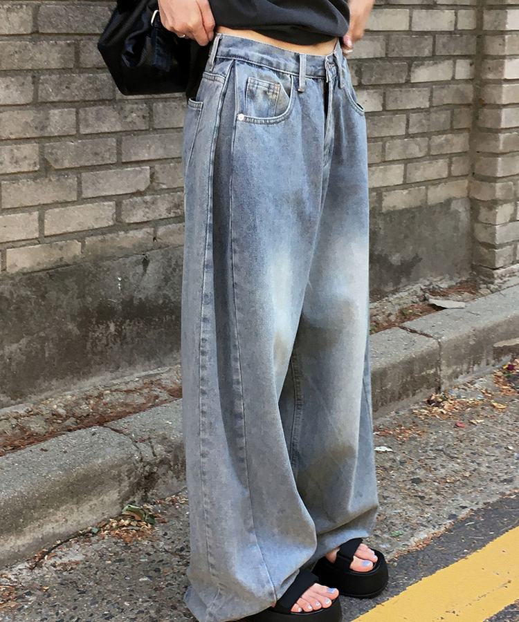 【丈別】ピンタックスリットワイドデニムパンツ VINTAGE BLUE