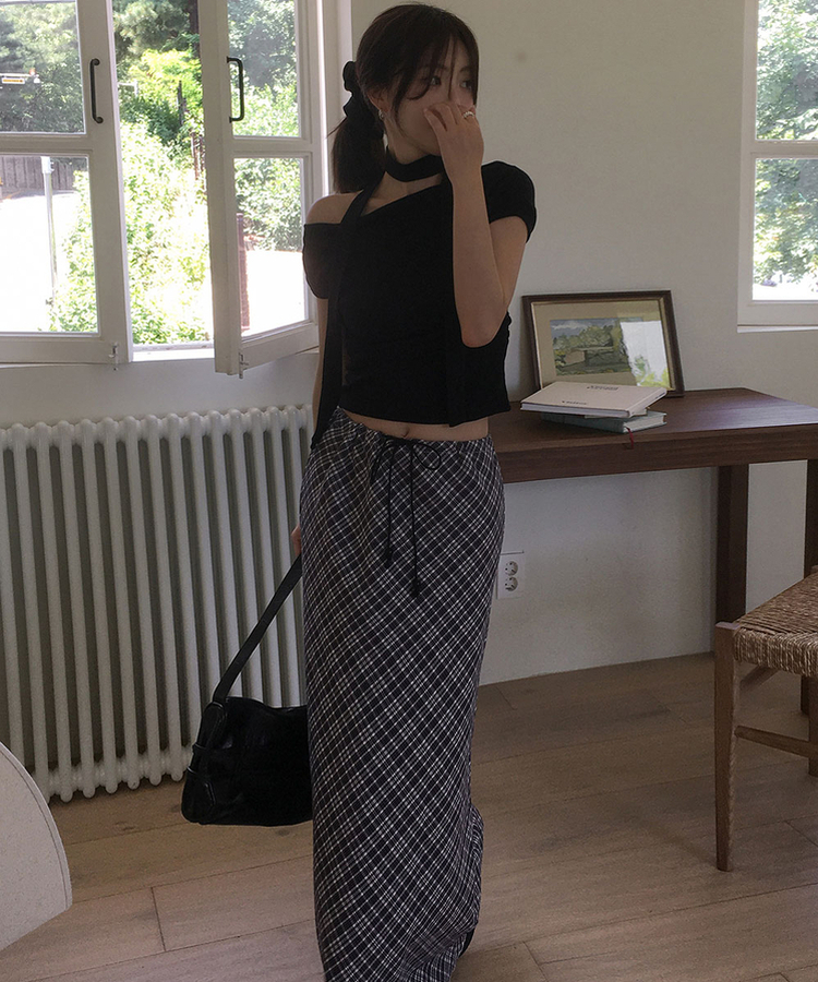 ローライズチェックロングスカート BLACK