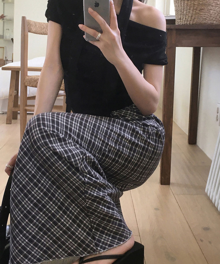 ローライズチェックロングスカート BLACK