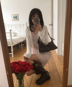 ブーツ レザーベルトバックルロングブーツ BROWN