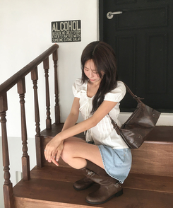 ブーツ レザーベルトバックルロングブーツ BROWN