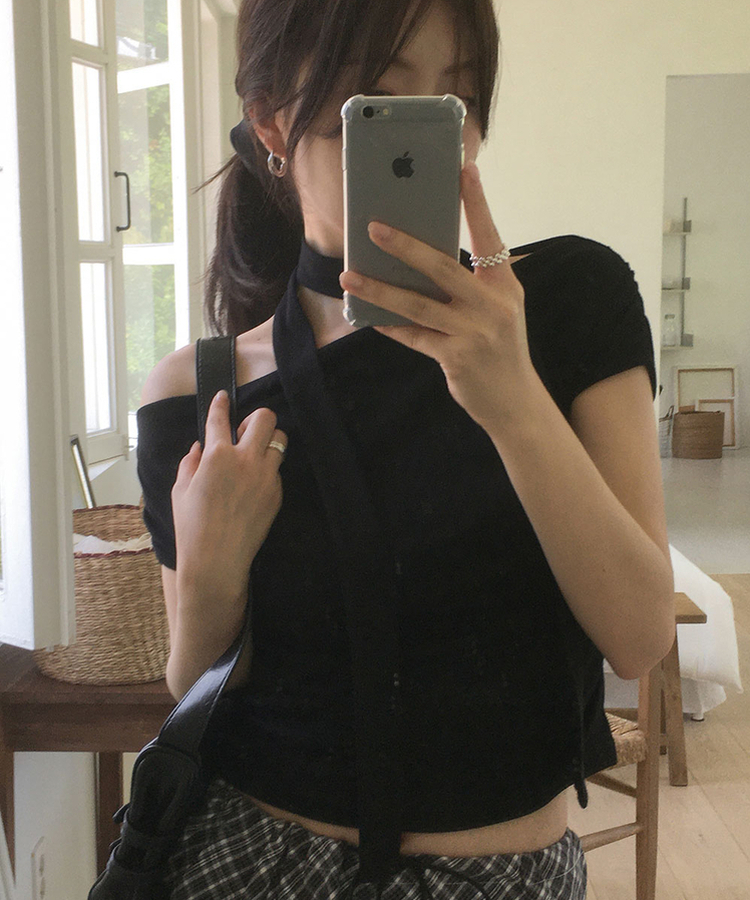 【タイ付き】ドレープ半袖Tシャツ BLACK