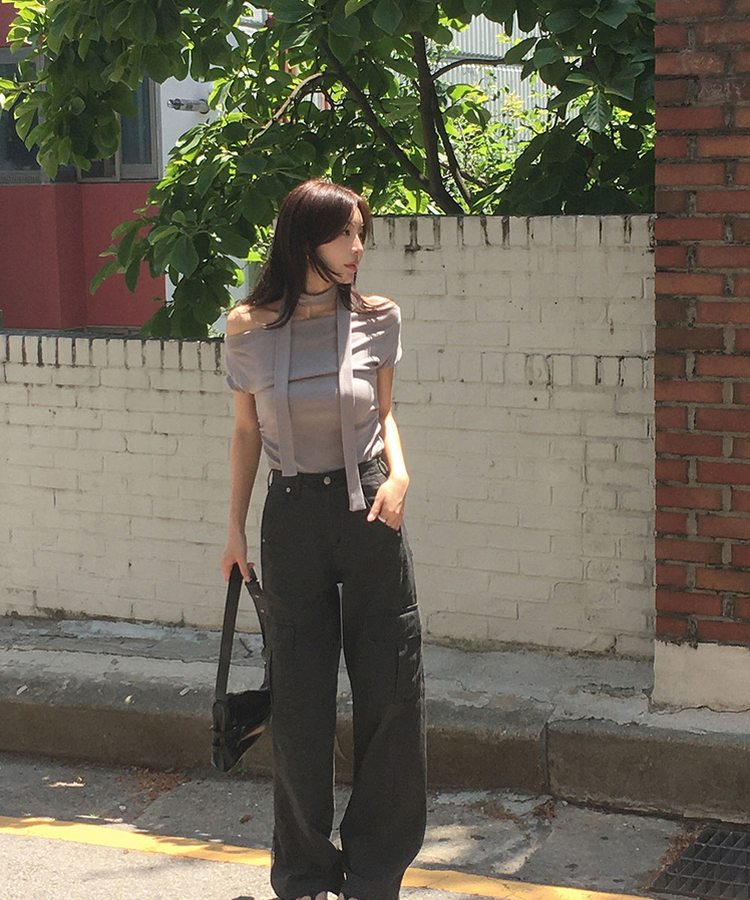 【タイ付き】ドレープ半袖Tシャツ GRAY