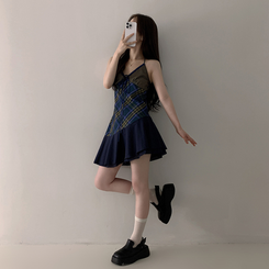 ミニワンピース チェックバイカラーミニワンピース BLUE