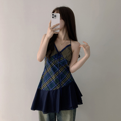 ミニワンピース チェックバイカラーミニワンピース BLUE