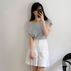ショートパンツ (自社製作/S〜L/太ももカバー◎)Petite Note No.17 ベオン ハイウエスト ツータック コットンショートパンツ IVORY