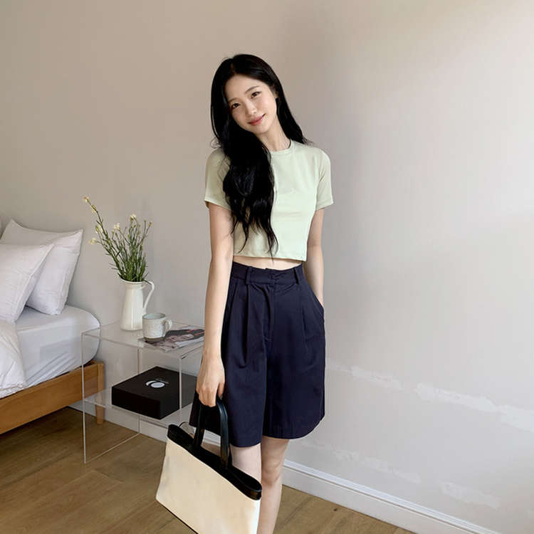 （自社製作/S〜L/太ももカバー◎）Petite Note No.17 ベオン ハイウエスト ツータック コットンショートパンツ NAVY