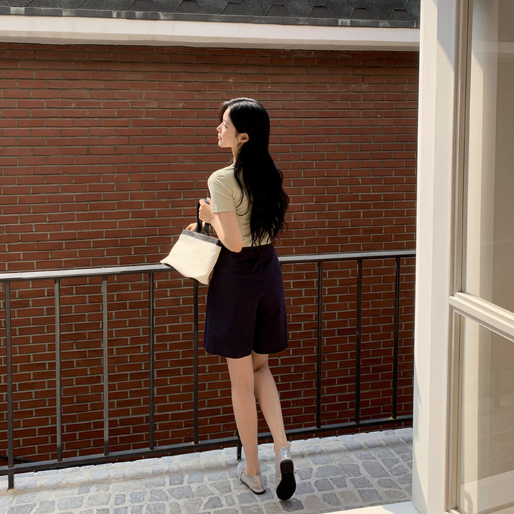 （自社製作/S〜L/太ももカバー◎）Petite Note No.17 ベオン ハイウエスト ツータック コットンショートパンツ NAVY