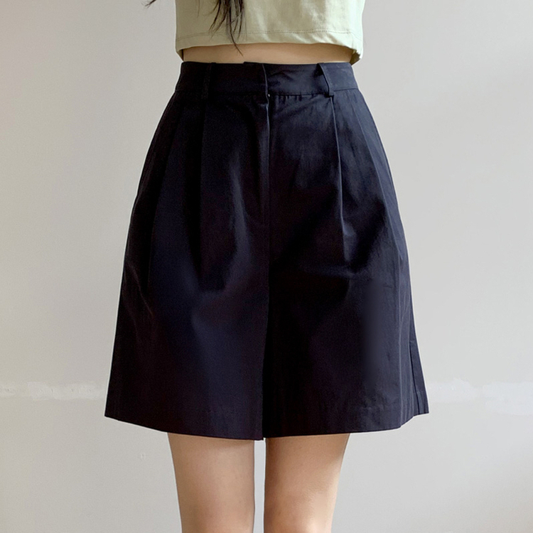 （自社製作/S〜L/太ももカバー◎）Petite Note No.17 ベオン ハイウエスト ツータック コットンショートパンツ NAVY