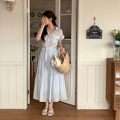 シャツ (ツーピースセット♥)ミレンダ タイ付きロールアップ半袖シャツ&ティアードロングスカート SKYBLUE