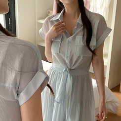 シャツ (ツーピースセット♥)ミレンダ タイ付きロールアップ半袖シャツ&ティアードロングスカート SKYBLUE