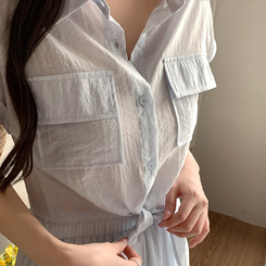 シャツ (ツーピースセット♥)ミレンダ タイ付きロールアップ半袖シャツ&ティアードロングスカート SKYBLUE